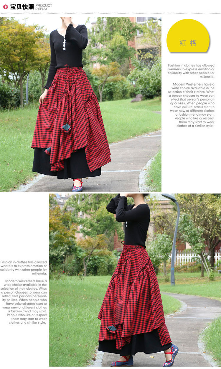 TIYIHAILEY-Women's Plaid Irregular Skirts, Long Maxi, Elastic Waist, Cotton Linen, Chinese Style, S-2XL, Autumn, New 2026