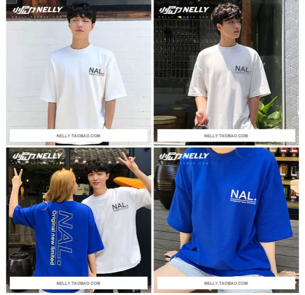 Guo Chao Original American Street Retro Loose Blue Letter In áo thun ngắn tay nam và nữ một nửa thương hiệu thủy triều áo polo