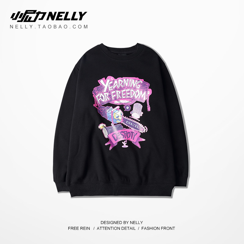 2022ulzzang graffiti tide hip-hop large size European and American street loose Japanese pink round neck thick cotton T men and women