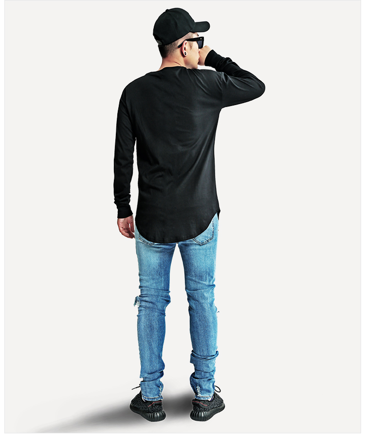 High street hoang dã hem hem đồng bằng màu cơ sở và dài hem cổ tròn tay áo dài nam áo thun oversize áo thun nam có cổ