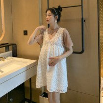 Japanese pregnant women summer dress suit Net Red fashion Western style sundress Loose thin fresh maternity clothes