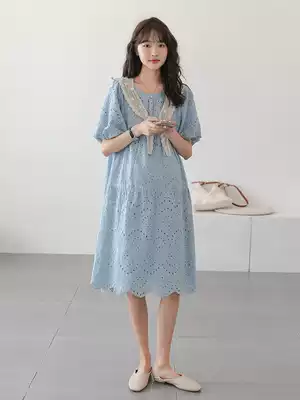 Japanese pregnant women summer dress dress lace hollow long skirt fashion foreign style loose slim big size pregnant woman top