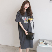 Japanese maternity summer dress Cotton short-sleeved top Fashion Western style T-shirt dress Loose large size maternity dress