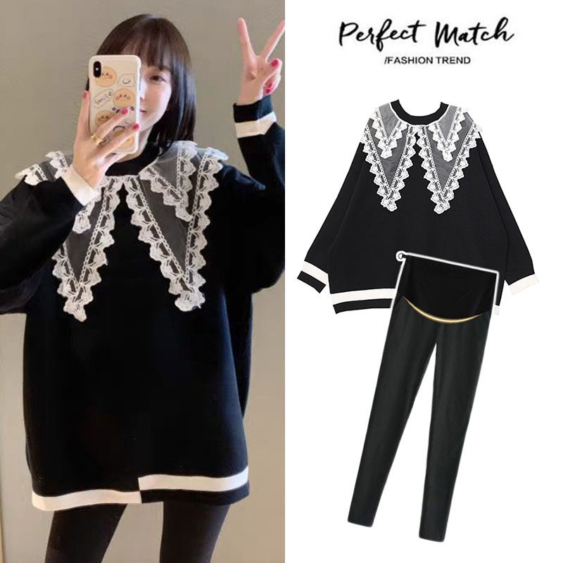 Japanese pregnant women autumn suit fashion new style foreign style sweater long-sleeved top loose slimming large size maternity dress