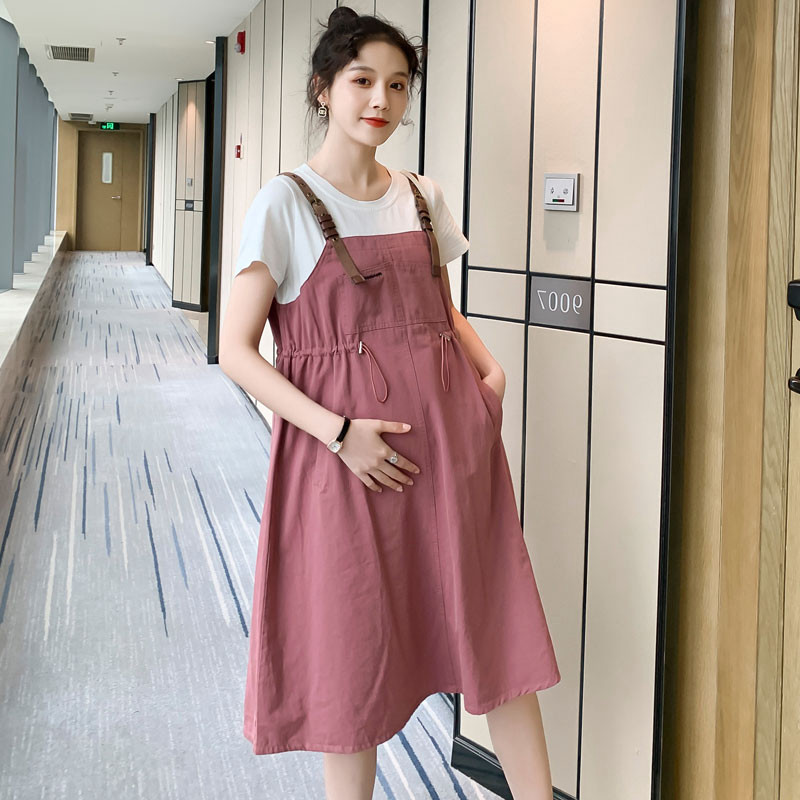 Japanese pregnant women summer dress 2021 new fashion foreign school net red suit summer fake two baby bag skirt