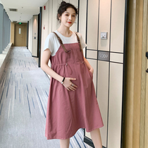 Japanese pregnant woman summer dress 2021 new fashion foreign style net red suit summer fake two-piece strap skirt