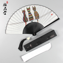  8 inch Chinese style cat folding fan boys ancient style Hanfu childrens folding cloth fan Womens small fan custom summer