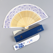Yafantang Chinese style retro blue and white cheongsam folding fan Womens ancient style Hanfu fan Portable tassel small fan