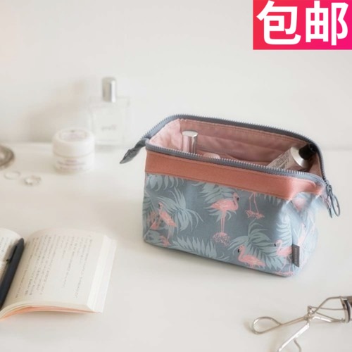 Travel large-capacity travel sundries storage bag women's hand-held portable cosmetic bag literary fan flamingo flowers