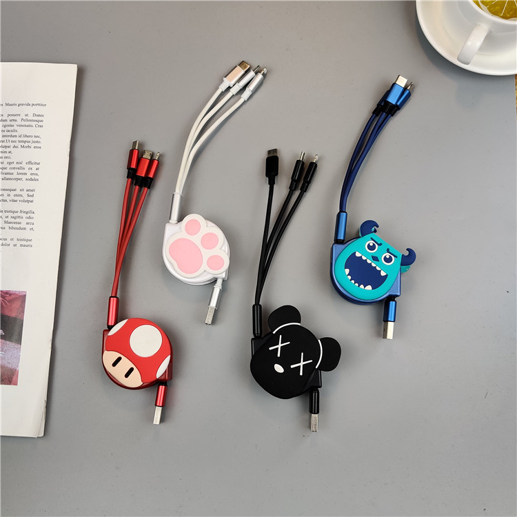 Cute charging long phone data line One drag three-in-one multifunctional retractable portable shrink vehicular cartoon