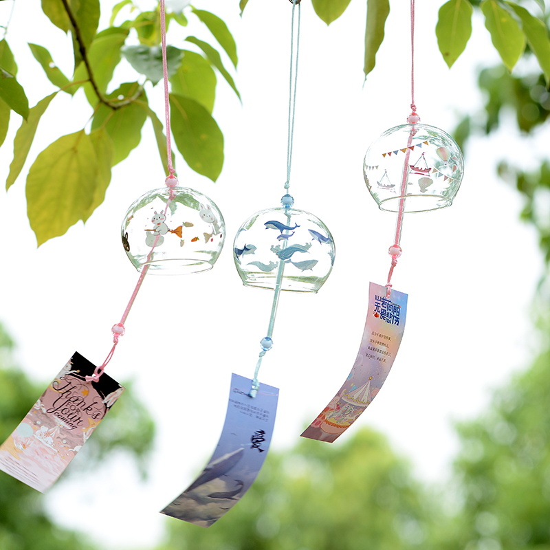 Japanese and wind hand-drawn transparent glass windbell creative gift windbell hanging bedroom balcony small fresh bell
