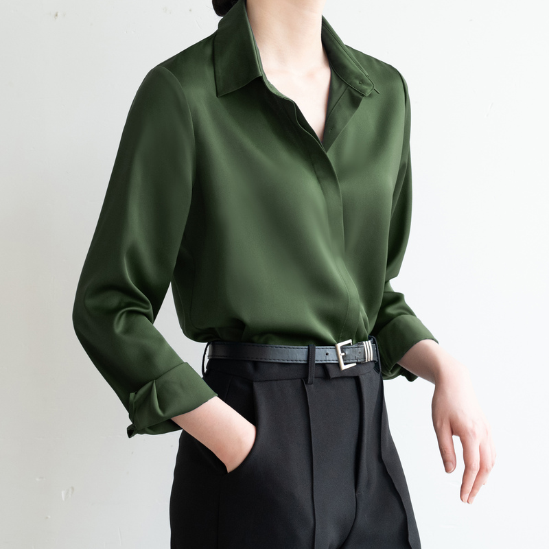 Mustard Green Satin Shirt for Women, Light Luxury, Hidden Placket, Loose Fit, Slimming, Long-Sleeved, Stylish, Brightening Avocado Green Shirt