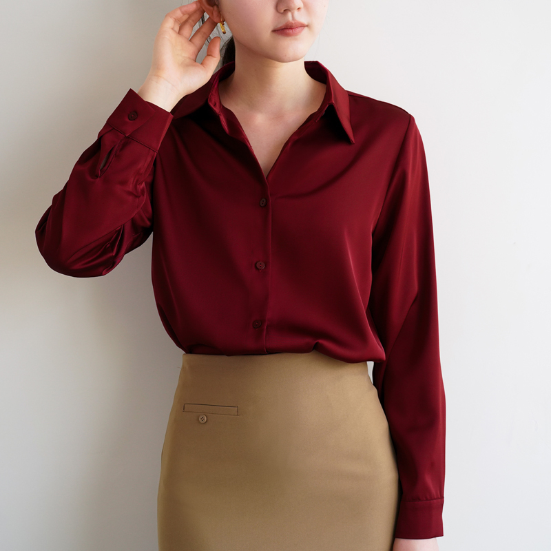 Retro Burgundy Shirt for Women, Classy Satin-Like Acetate-Like Comfortable Loose and Lazy Pure Color Ol Long-Sleeved Western-Style Shirt Retro Burgundy Shirt for Women, Classy Satin-Like Acetate-Like Comfortable Loose and Lazy Pure Color Ol Long-Sleeved Western-Style Shirt