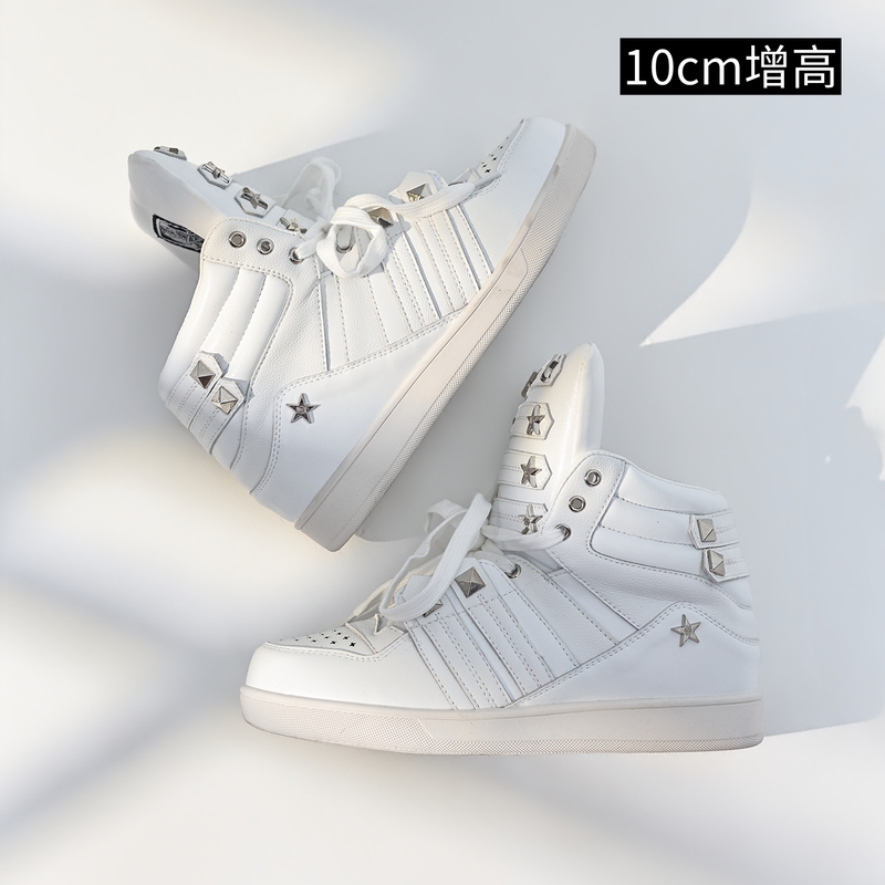 Light Asian-Style Court-Style High-Top Shoes for Men and Women, Invisible Inner Height-Increasing Shoes, 10cm Metal Star White Casual Sneakers