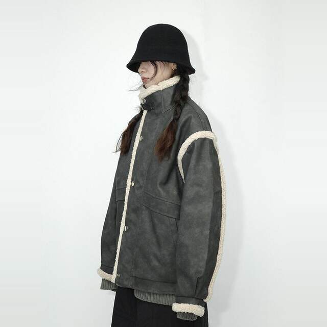 Guluoh American retro cotton coat loose lamb fur collar cotton jacket PU leather stand collar splicing winter thickened cotton coat
