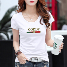 White short sleeved t-shirt for women in 2023, new summer clothing slim fit, pure cotton printed half sleeved round neck top in trendy Hong Kong IT