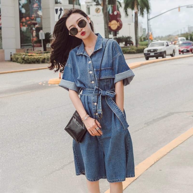 2020 mới hè cao eo rộng chân denim jumpsuit nữ phiên bản Hàn Quốc dụng cụ mùa hè tay áo ngắn năm điểm quần lỏng thủy triều - Quần jean