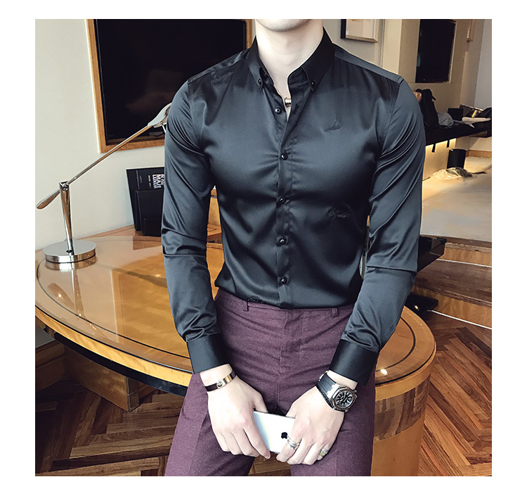 Cộng với áo nhung thêu mặt sáng, áo thun co giãn không co giãn, áo dài tay xu hướng satin màu trắng cotton không thấm nước nam các kiểu áo công sở de thương
