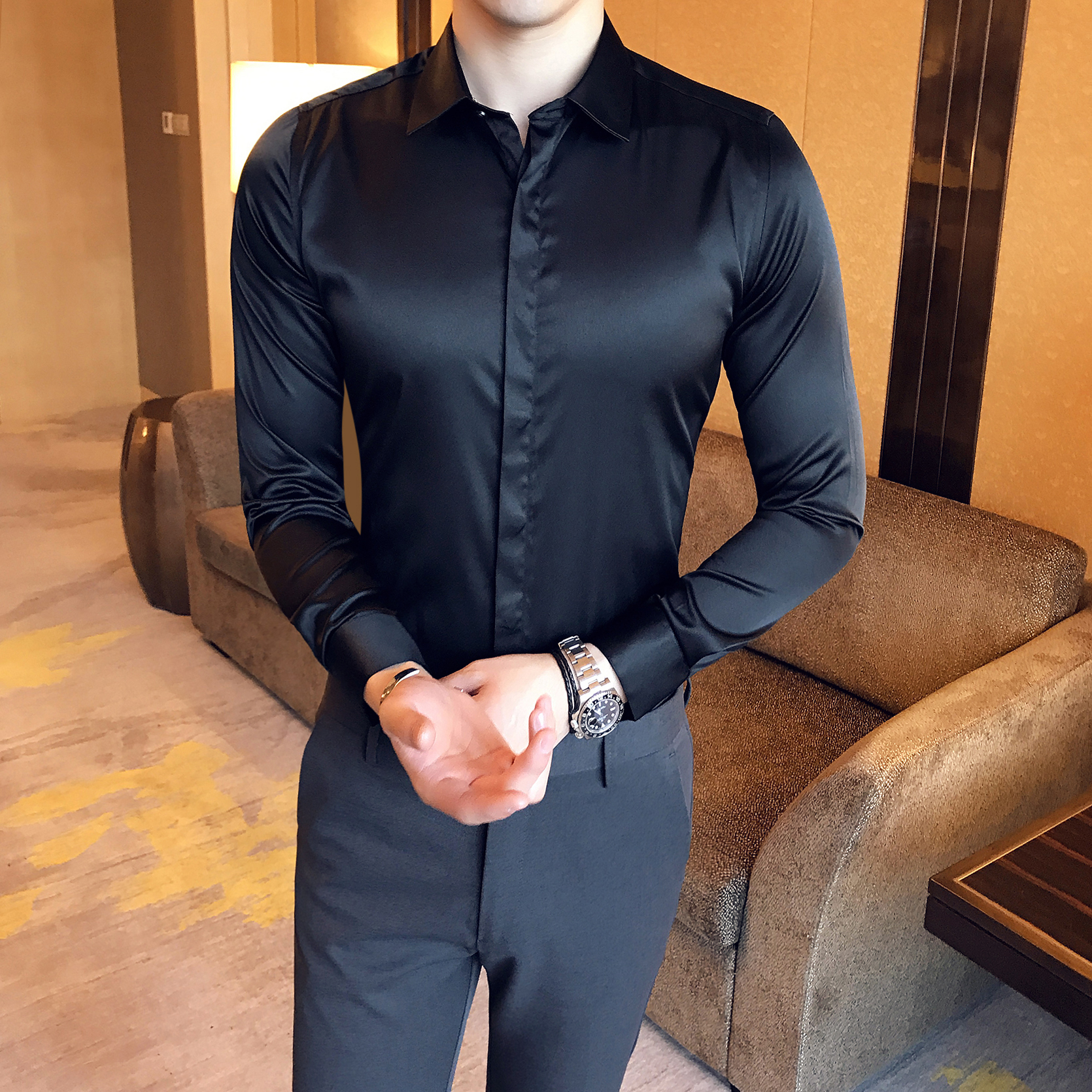 Mùa thu màu rắn nam Hàn Quốc nóng bỏng miễn phí áo sơ mi dài tay bó sát da sáng bóng lụa cotton inch phiên bản Hàn Quốc áo sơ mi dài