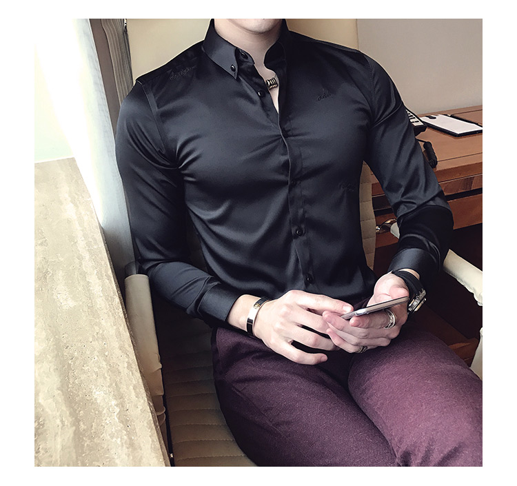 Cộng với áo nhung thêu mặt sáng, áo thun co giãn không co giãn, áo dài tay xu hướng satin màu trắng cotton không thấm nước nam các kiểu áo công sở de thương