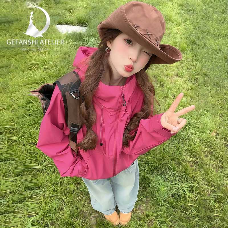 German Gfs Autumn Outdoor Windproof Jacket, Eye-Catching Rose Pink Dopamine Style, Sun Protection, Wear-Resistant Mountaineering Jacket