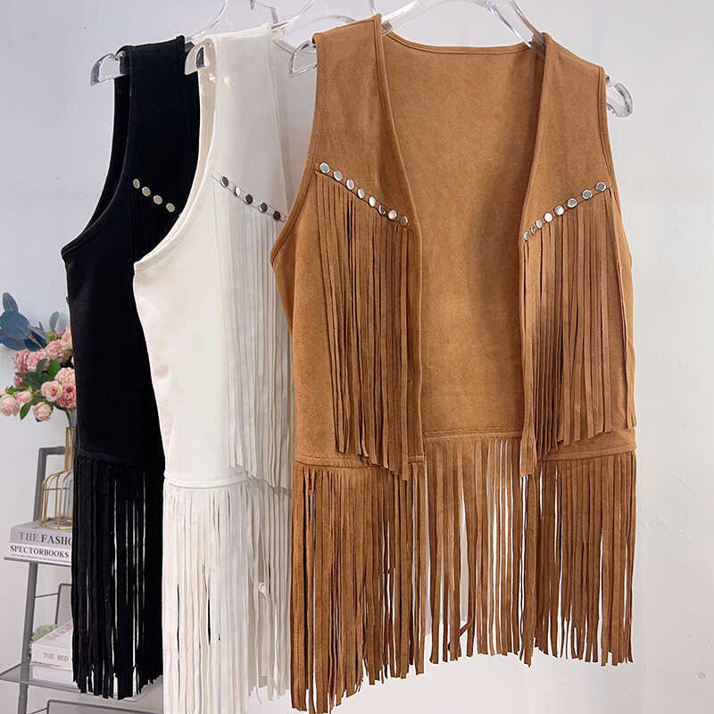 Retro Western Cowboy Style Xinjiang Desert Gobi Travel Photography Outerwear Vest Brown Suede Tassel Vest Top