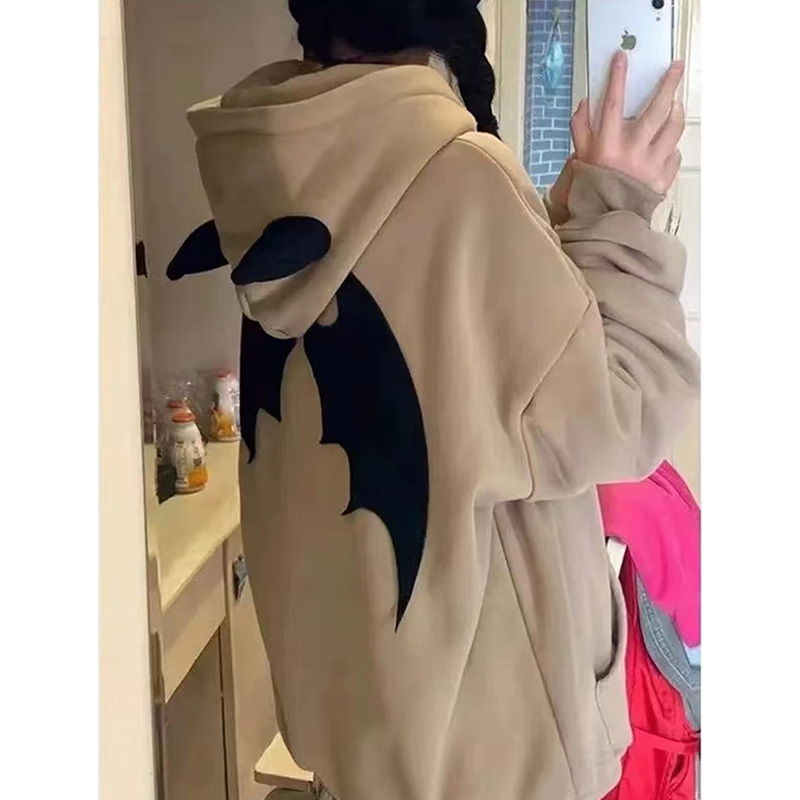 This Year's New American Retro Popular Embroidered Little Devil Hooded Sweatshirt for Women, Versatile Black Cardigan Zipper Jacket This Year's New American Retro Popular Embroidered Little Devil Hooded Sweatshirt for Women, Versatile Black Cardigan Zipper Jacket