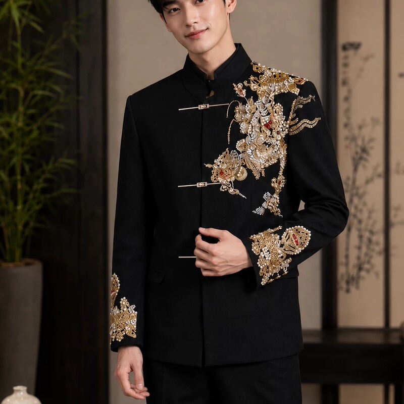 New Chinese-Style High-End Zhongshan Suit for Wedding Officiants, Men's Xiuhe Wedding Attire, Traditional Chinese Men's Clothing, Engagement Suit, Banquet Attire New Chinese-Style High-End Zhongshan Suit for Wedding Officiants, Men's Xiuhe Wedding Attire, Traditional Chinese Men's Clothing, Engagement Suit, Banquet Attire