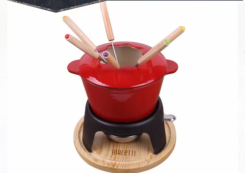 Export Cast Iron Cheese Fondue Pot Single-Person Pot Enamel Pot Chocolate Alcohol Stove Pot 16cm Fondue