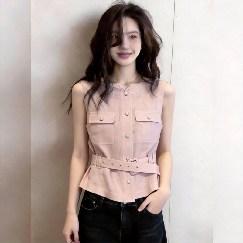 Fashionable Mature Style Pink Sleeveless Vest for Women, 2026 Summer New Model, Buttoned Waist-Cinching Slimming High-End Jacket