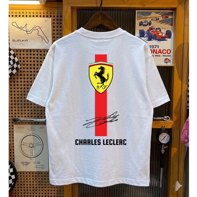 F1 Racing Ferrari Leclerc Signature Short-Sleeved T-Shirt Heavyweight Pure Cotton Loose-Fitting Trendy Top for Racing Fans