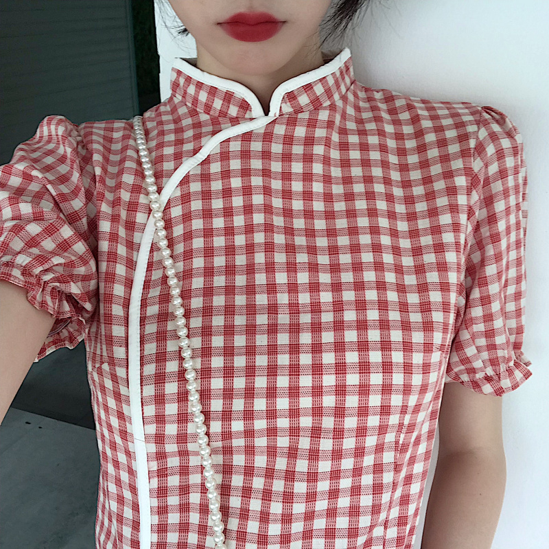 VK旗艦店 韓國風名媛文藝泡泡袖格紋改良旗袍短袖洋裝