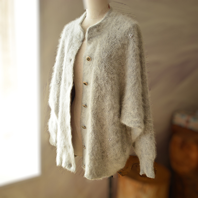 Angora Long Rabbit Fur Fluffy Light Gray Beaded Thickened Batwing Sleeve Loose Casual Sweater Coat for Women