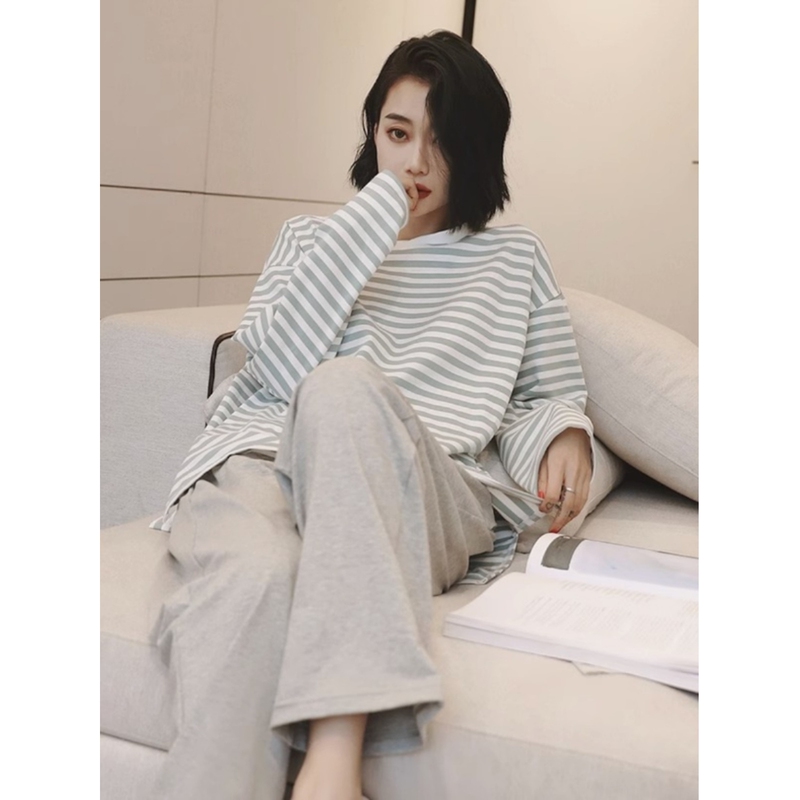 Japanese Imported Muji-Style New Year Pajamas for Women, Spring and Autumn, Pure Cotton, Long-Sleeved, Striped, High-End Striped Women's Loungewear