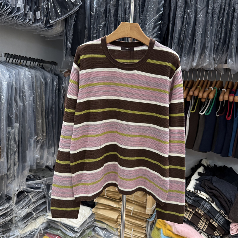 Tea.H Genuine 2026 Autumn New Round Neck Loose Slimming Striped Color-Blocking Merino Wool Knit Sweater for Women Tea.H Genuine 2026 Autumn New Round Neck Loose Slimming Striped Color-Blocking Merino Wool Knit Sweater for Women