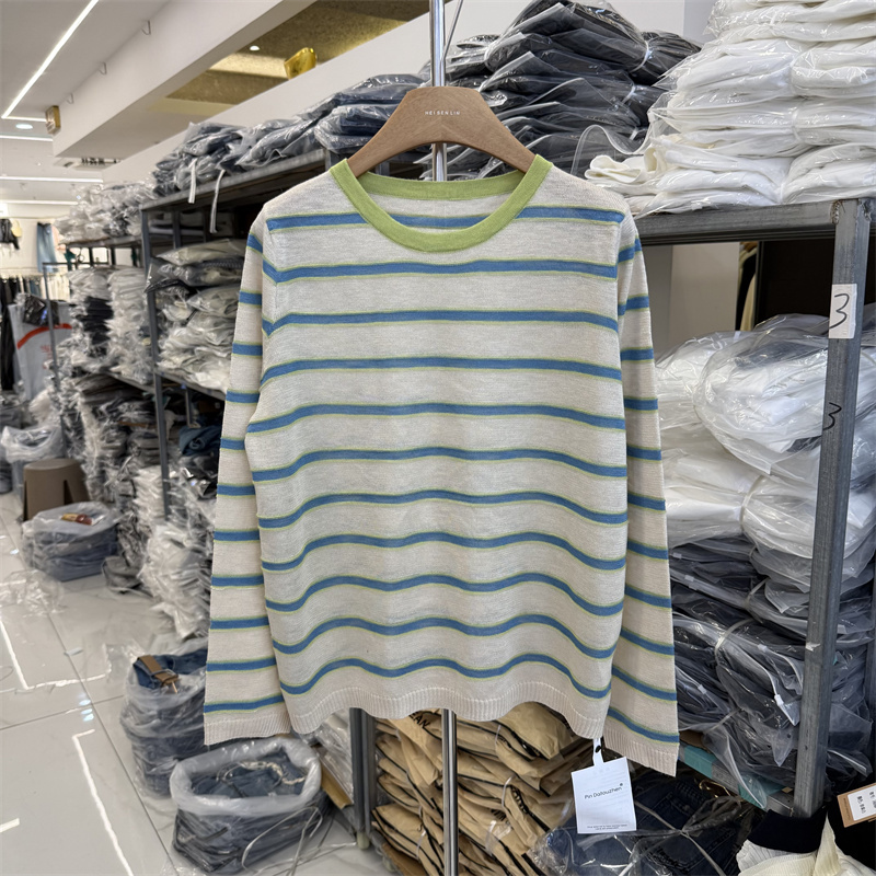 Pin38631 Genuine 2026 Spring New Product Round Neck Loose Slimming Striped Color-Blocking Ice Silk Knit Top for Women