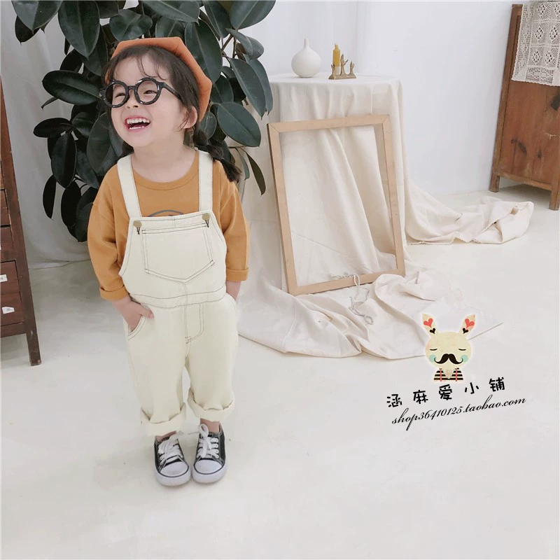 Han Ma love shop 19 mùa thu phiên bản mới của Hàn Quốc quần yếm bé trai và bé gái, quần trẻ em, quần ống rộng denim cho bé, trang phục anh chị em - Quần jean