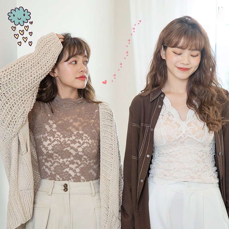 Autumn bottoming shirt women's black Japanese lace fake transparent sexy chest pad thin long-sleeved V-neck mid-neck vest with white S