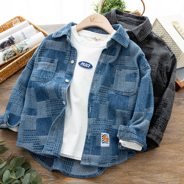 Boys checkerboard denim shirt 2022 autumn children's cardigan big children's shirt knitted top coat tide