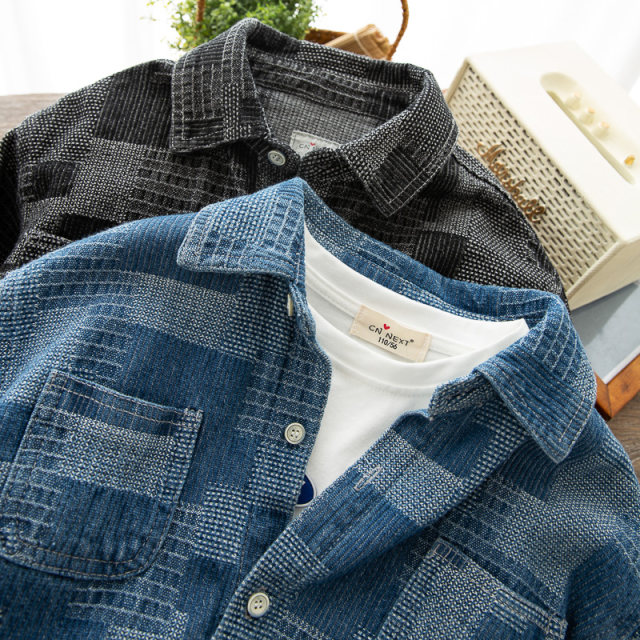 Boys checkerboard denim shirt 2022 autumn children's cardigan big children's shirt knitted top coat tide