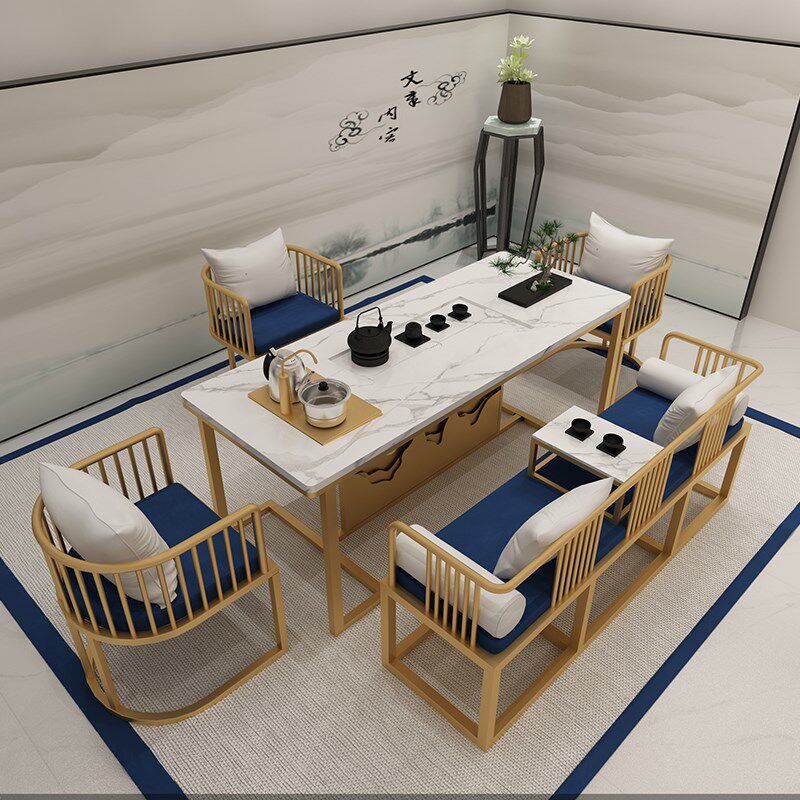 New Chinese Iron Sofa Table and Chair Combined Simple Modern Living Office Members Marble Bubble Tea Table Tea Stand