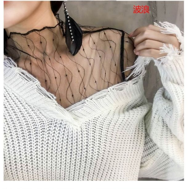 Xuân 2018 mới gợi cảm bên trong áo thun dài tay lưới trong suốt chạm đáy áo sóng lưới lưới năm cánh ren áo sao áo thun ba lỗ nữ