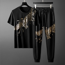 Jets summer thin comfortable gilded eagle print short sleeve suit men handsome Tide brand two-piece set