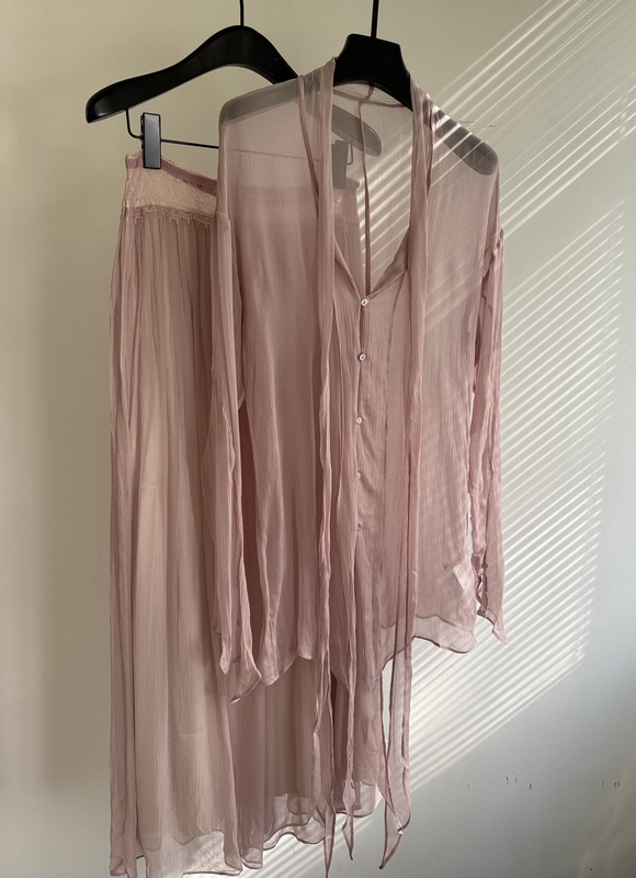 100% Rayon, Light Luxury, Elegant, V-Neck, Tie-Up, Flowing Long-Sleeve Shirt, Lace Patchwork Skirt