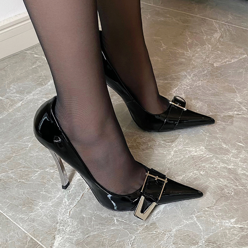 2024 New Pointed Toe Shallow Mouth Patent Leather Shoes with Metal Buckle, Feminine Socialite Black Silk Stiletto High Heels for Women