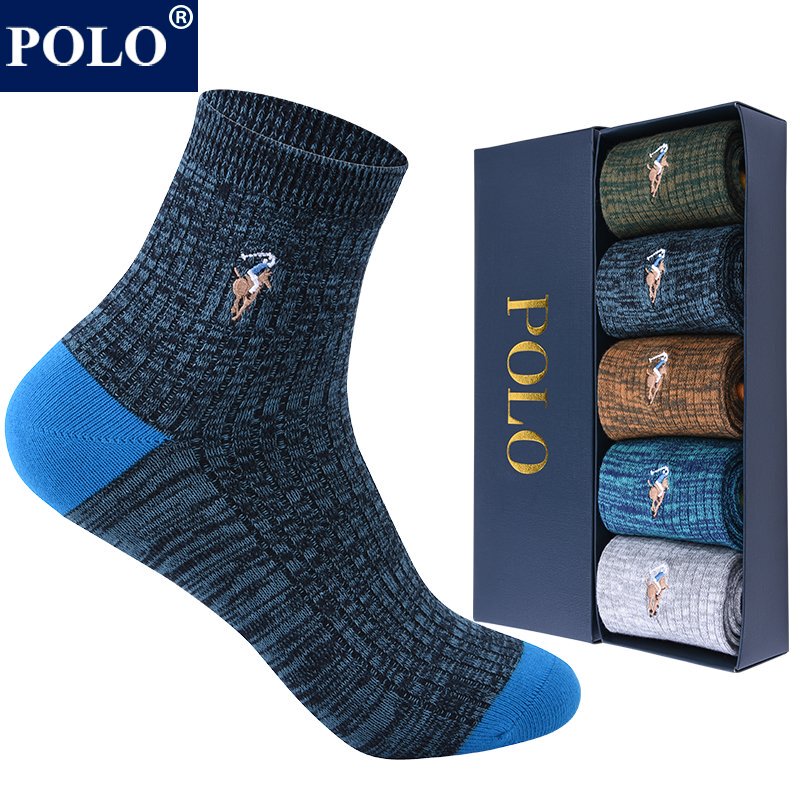 Polo Socks for Men, Pure Cotton, Thick for Autumn and Winter, Odor-Resistant, Sports Long Cotton Socks, Casual Trendy Men's Sweat-Absorbing Retro Mid-Calf Socks