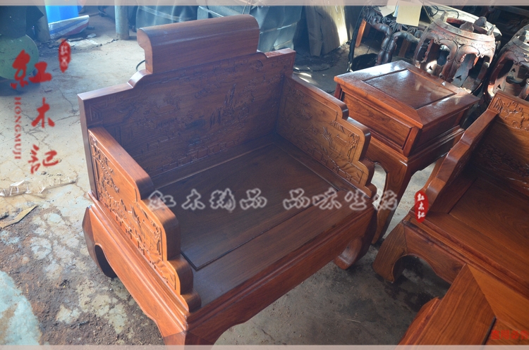 Gỗ hồng mộc Miến Điện hai mặt chạm khắc ghế sofa phong cảnh bộ 6 đồ nội thất bằng gỗ gụ Đông Hưng gỗ gụ - Bộ đồ nội thất ghế gấp thông minh