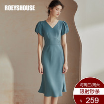Rocoat Temperamental Blister Sleeves Dress Summer Dress New Elegant Fish Tail Pendulum Grey Green Medium Long Skirt 02498
