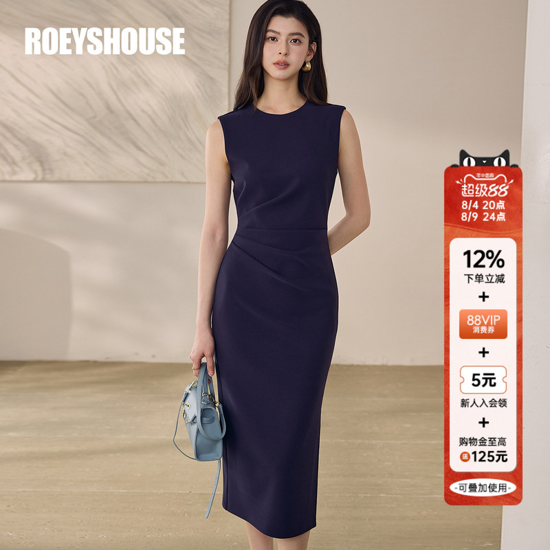 Elegant and Mature Style, Waist-Cinching Formal Dress for Women, Summer Dark Blue Slim-Fit Bodycon Midi Dress 13382
