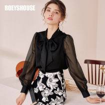 Luo Yi intellectual OL series led black shirt female new stitching Hollow shirt temperament perspective top 02801